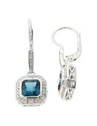 Sterling Silver Octagon Cut Authentic London Blue Topaz Earrings With CZ All Around