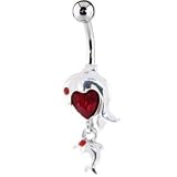 Ruby Red Gem DOLPHIN HEART DANGLE Navel Belly Button Ring