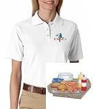 Women's polo shirt with embroidered image of: hotdogs & hamburgers