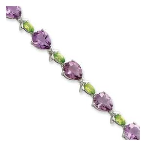 Sterling Silver 7inch Amethyst and Peridot Bracelet - Box Clasp by