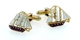 Yellow gold plated and enamel pirate ship cufflinks with presentation box. Made in the U.S.A