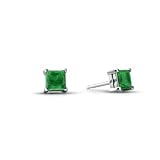 14K White Gold Genuine Square Emerald Stud Earrings