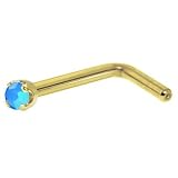 Solid 14KT Yellow Gold 2mm Caribbean Blue Austrian Crystal L-Shaped Nose Ring - 18 Gauge