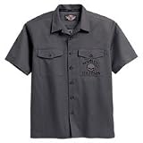 Harley Davidson Men's Short Sleeve Skull Garage Shirt. Button front. Garage shirt styling. Two button chest pockets. Embroidered skull graphics on left pocket. Large appliqu� and embroidered skull graphics on back. 60% cotton, 40% polyester twill. 99031-08VM