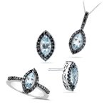 0.88 Cts Black Diamonds and 1.79 Cts Aquamarine Set in 14K White Gold by Mysolitaire
