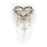 Sterling Silver Crystal/Freshwater Cultured Pearl/CZ (Cubic Zirconia) Antiqued Heart Pin