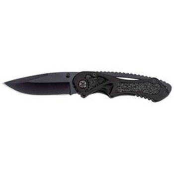 New Maxam Lockback Knife Skateboard Tape Inlay Black Honed Blade Black Aluminum Handle