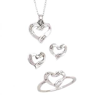 10k White Gold & Diamond Heart Pendant, Earrings & Ring Set (0.12ctw)