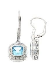 Sterling Silver Octagon Cut Authentic Swiss Blue Topaz Earrings With CZ All Around