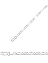 7" 14K White Gold 2.6mm (1/10") Polished Diamond Cut Alternate 3 Round 1 Long Oval Shape Classic Figaro Chain w/ Lobster Clasp