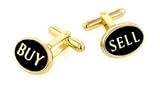 Yellow gold plated buy and sell cufflinks with presentation box. Made in the U.S.A
