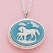 Mare and Foal Cameo Locket, Blue with Silver Tone Chain