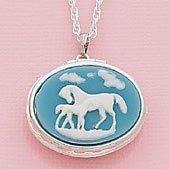 Mare and Foal Cameo Locket, Blue with Silver Tone Chain