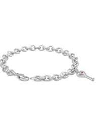 6 3/4 In Young Girls Sterling Silver Pink Sapphire Key Charm Bracelet