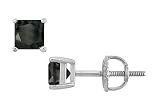 14K White Gold : Princess Cut Black Diamond Stud Earrings 1.00 CT. TW.