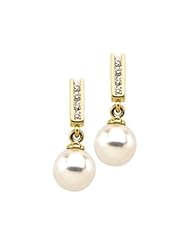 Ann Harrington Jewelry 14k Yellow Gold 7.5 mm Cultured Pearl And 1/10 Ct Tw Diamond Earrings