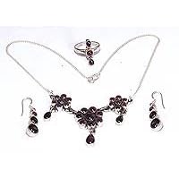 Necklace Earrings Set and Ring Sterling Silver With Garnet Gemstones (nklc020)