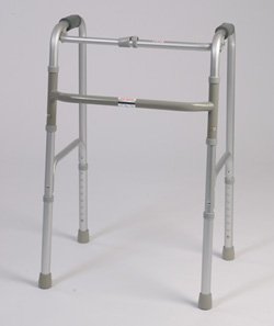 Folding Walker - This medical geriatric walker has a single button to fold. Weight capacity 250 pounds. This functional lightweight aluminum walker is adjustable in 1