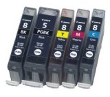 1 Set of 5 Compatible Ink Cartridges for Canon IP4200 IP4300 IP 5300 IP5300 MP500 MP530 MP600 MP800 MP810 MP830 MP960 - (PGI-5BK, CLI-8BK, CLI-8C, CLI-8M & CLI-8Y)