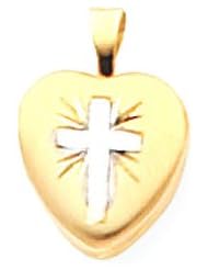 Childrens Heart Pendant - 14k and Rhodium 9mm Childs Cross Heart Locket Pendant
