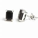 Sterling Silver Rectangle Black Genuine Sapphire Stud Earrings