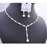 BRD670 White Swarovski Crystals AB 2X w/ Genuine Swarovski Cream Pearls Y Shaped Necklace Set Bridal Jewelry Set with Gift Box