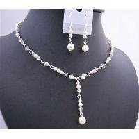 BRD670 White Swarovski Crystals AB 2X w/ Genuine Swarovski Cream Pearls Y Shaped Necklace Set Bridal Jewelry Set with Gift Box