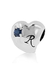 Sterling Silver Alphabet R Pandora Style Charm with 2 Pieces 3mm Dark Blue Natural Sapphire , Fits Pandora and All Brands Charm Bracelets and Necklaces.