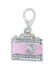 Genuine Zable (TM) Product. 925 Sterling Silver CZ and Enamel Pink Camera Clip-on Bead Charm. 100% Satisfaction Guaranteed.