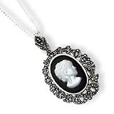 Sterling Silver Marcasite Onyx MOP Cameo Necklace - With 18 Chain - Made in Italy