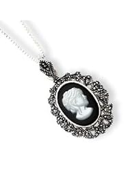 Sterling Silver Marcasite, Onyx & Mother of Pearl Cameo Necklace" QG1950-18"