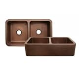 Whitehaus Copperhaus front apron 36 x 21 rectangular double bowl sink with smooth or hammered design apron and 3-1/2 center drain WH3621COFCD-HBRZ
