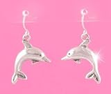 Adorable Silver Tone Swimming Dolphin Charm Hook Earrings