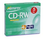 MEMOREX CD-RW MEDIA 4X 700MB 80MINW/SLIM JEWEL CASES 5-PK (Retail)