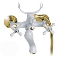 Landhausstil Badewannenarmatur weiss / gold mit Kreuzgriffe, 2-Griff
