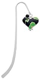 Lime Green Enamel Large Cheetah Print Heart Silver Plated Charm Bookmark with Jet Black Swarovski Drop