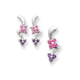 Sterling Silver Pink Purple CZ Flower Earrings Pendant Set - JewelryWeb