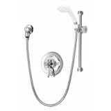 Symmons Deluxe Temptrol pressure balancing mixing valve with white insert handle, integral volume control and wall/hand shower with flexible hose DS-96-300-B30-V-LPO-BRS