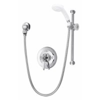 Symmons Deluxe Temptrol pressure balancing mixing valve with white insert handle, integral volume control and wall/hand shower with flexible hose DS-96-300-B30-V-LPO