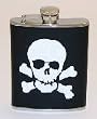 Executive Modern Genuine Black Leather Skull & Bones  6oz Stainless Steel Flask