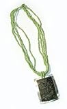 Twin Palm Blacklip Mother of Pearl Rectangular Framed Shell Green Bead Necklace P13-F