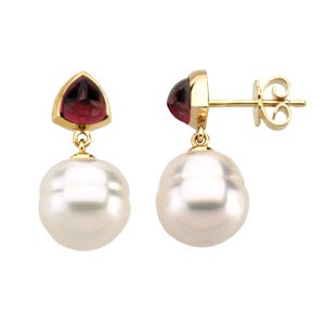 14K Yellow Gold Pair 06.00Mm/12.00Mm Circle South Sea Cultured Pearl & Genuine Rhodolite Garnet Earring Overstock-Nonreturnable