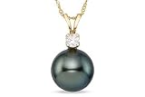 9-10mm Black Tahitian Pearl and 1/10 Carat Diamond 14K Yellow Gold Pendant w/Chain