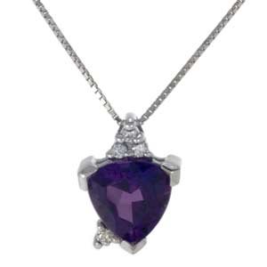 14k White Gold Triangle Amethyst and Diamond Pendant Necklace with 18 inches Chain