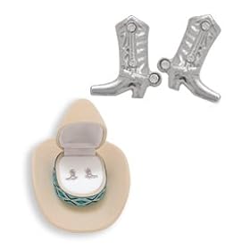 Western Crystal BOOTS w  SPURS EARRINGS in Cream Cowboy Hat Gift Box