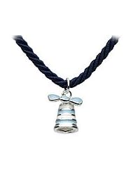 Silver Blue Bow Bell Navy Cord Children Necklace For Girls (12 or 14 in)