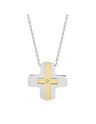 Stainless Steel Cross Necklace Pendant with Solitaire Cubic Zirconia in Silvertone Chain Included