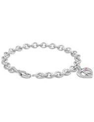 Girls Silver Pink Sapphire Heart Shape Peace Sign Charm Bracelet (6 3/4 in)