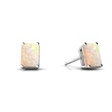 14K White Gold Emerald-cut Genuine Opal Stud Earrings