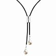 White Cultured Pearl Leather Lariat Necklace w. Silver Crystal Bar Slider
